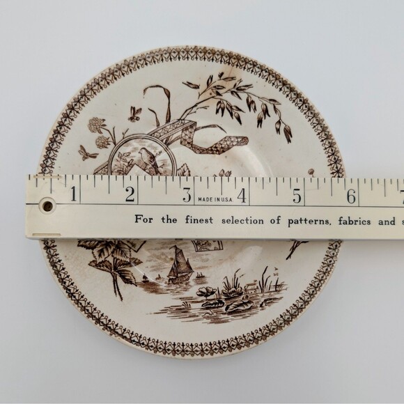 Antique New Wharf Pottery Tennyson Saucers Plates 2 Brown White Transferware 6" - Picture 8 of 12